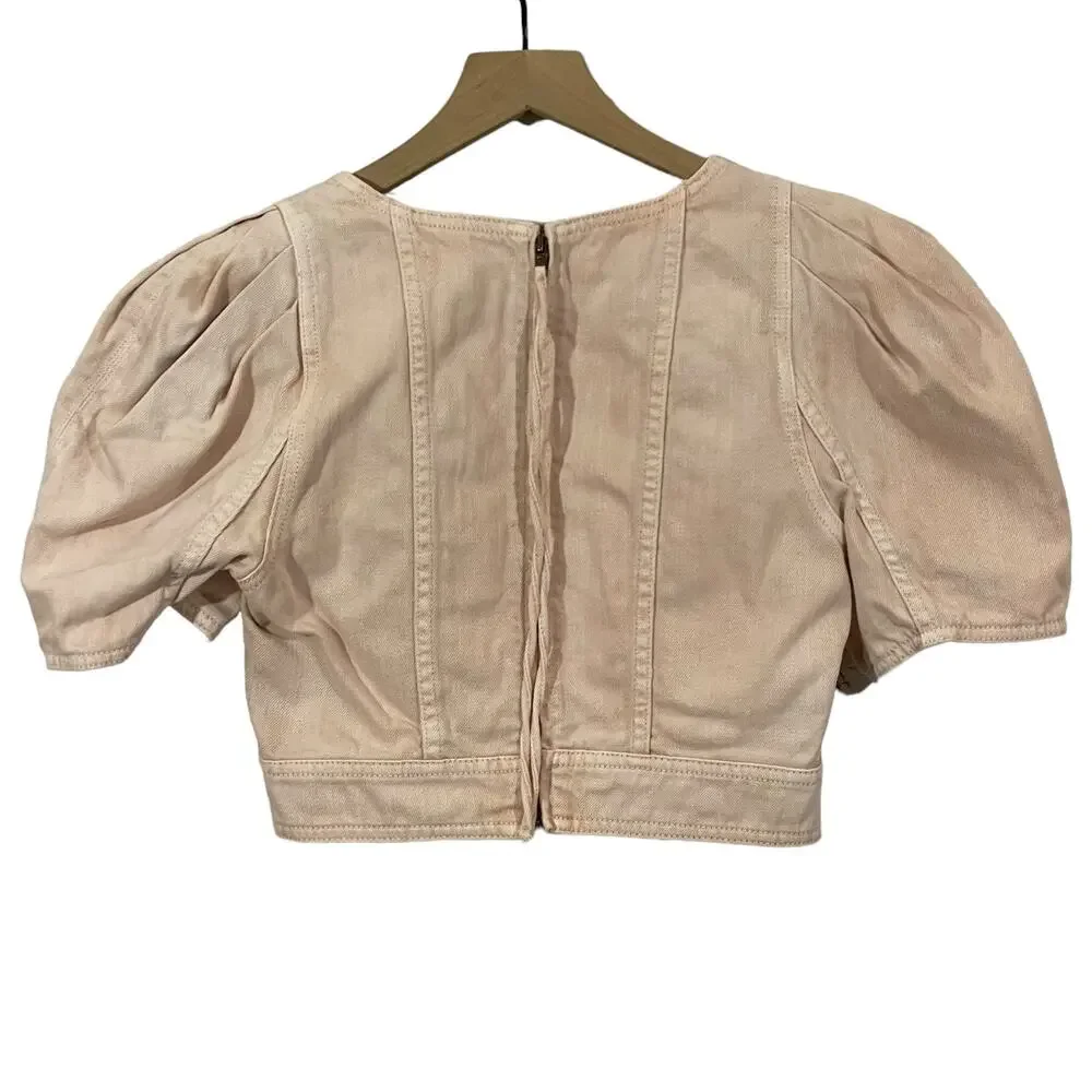 Ulla Johnson Renee Denim Bustier Puff Sleeve Crop Top - Sweetbriar - 6